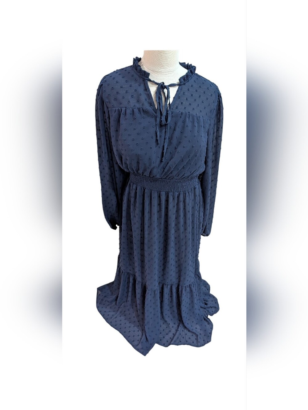 Altar'd State Navy Blue Swiss Dot Midi Dress - Size Large - Boho Romantic